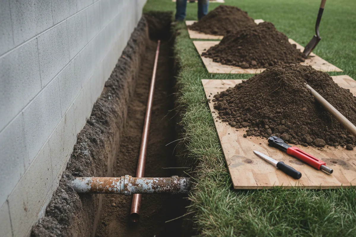 Excavated water line trench during Water Softener Installation in Bethesda